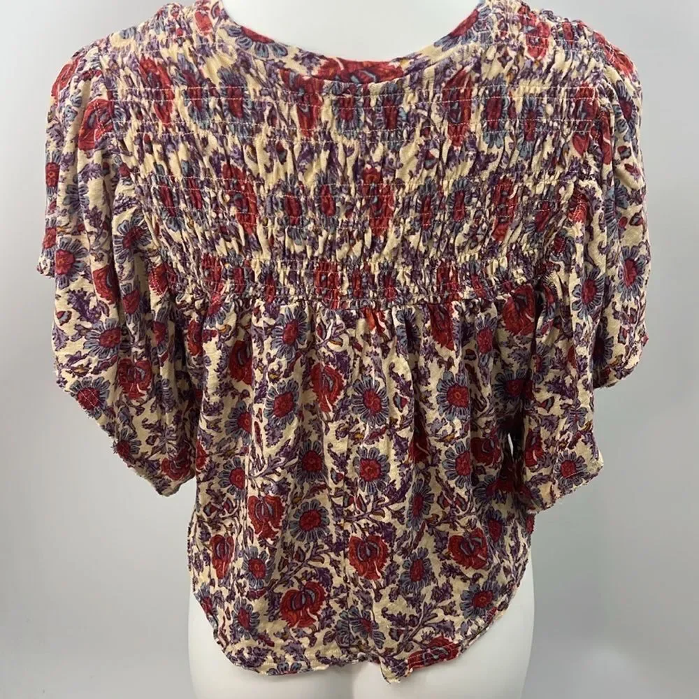 Free People small floral boho flutter sleeve linen cotton cropped top